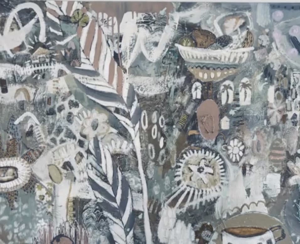 Pale Garden — intricate grey and white mixed media painting