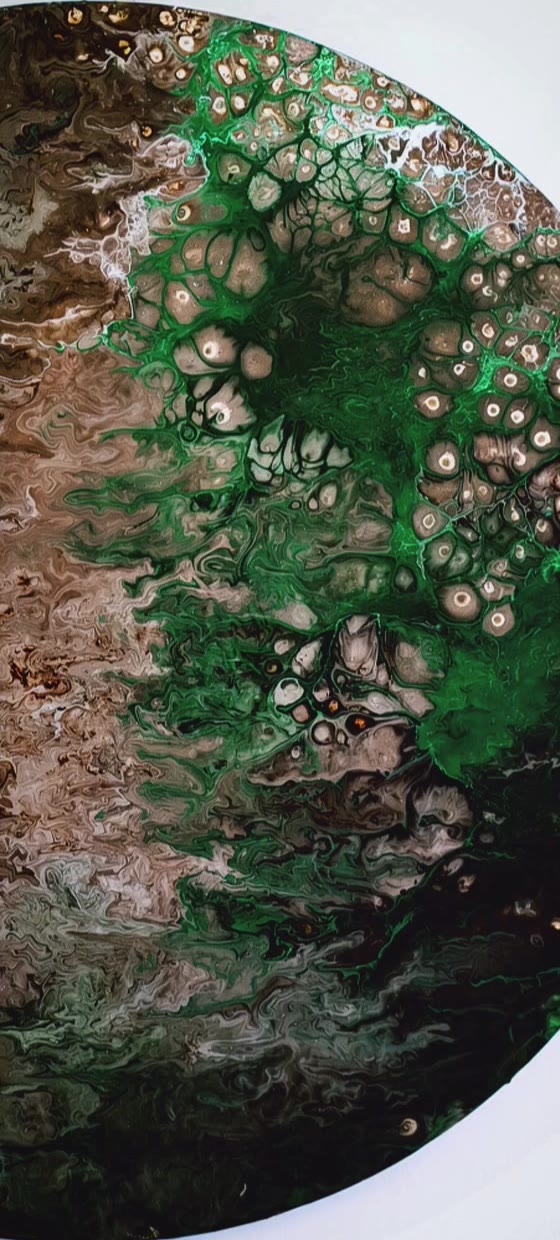 Verdant Moon — circular green and bronze pour painting
